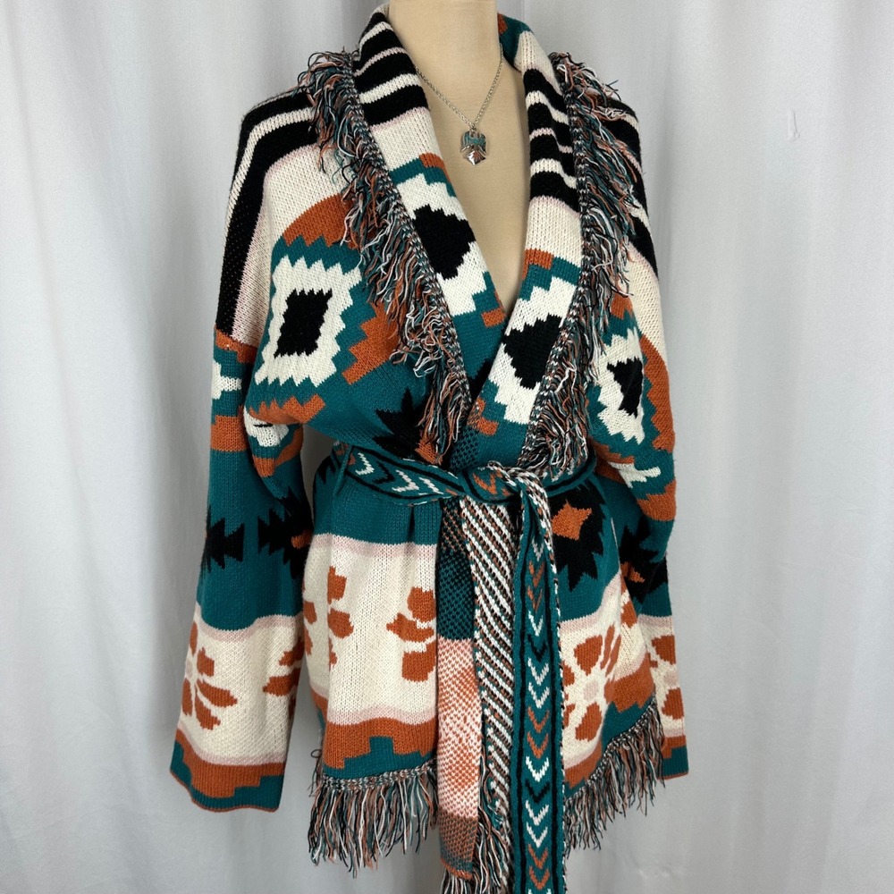Wonderly Southwestern Aztec Fringe Belted Cardigan Sweater Teal Rust 1X - Picture 2 of 9